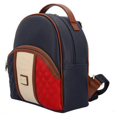 Mochila azul escura com detalhes em bege, vermelho e couro castanho