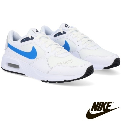 Sapatilhas desportivas Nike Air Max brancas e azuis com sola preta e branca