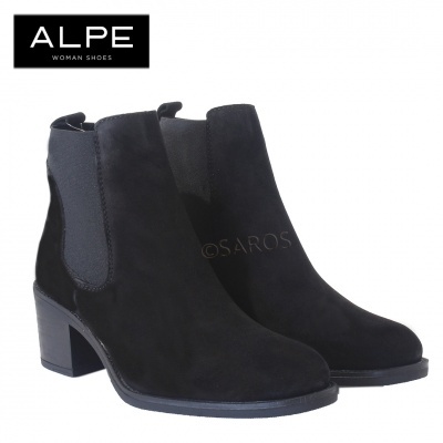 Botins pretos de mulher em camurça com salto médio quadrado e elásticos laterais