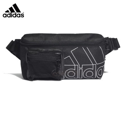 Pochete preta Adidas com logo branco e bolso pequeno frontal