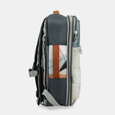 Mochila multi-divisórias com padrão abstrato e fechos prateados