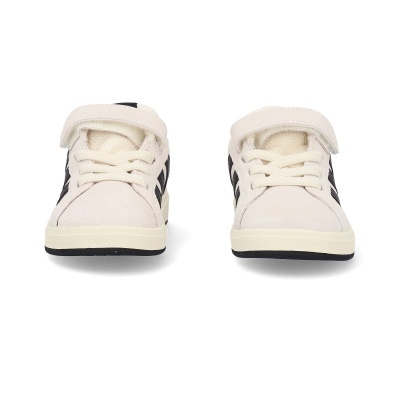 sapatilhas infantis bege com detalhes pretos e fecho de velcro