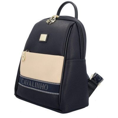 Mochila pequena azul escuro com bolso bege e texto Cavalinho