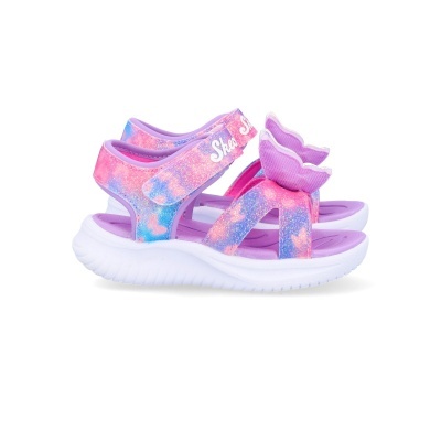 Sandálias Skechers infantis rosa e lilás com aplique de conchas