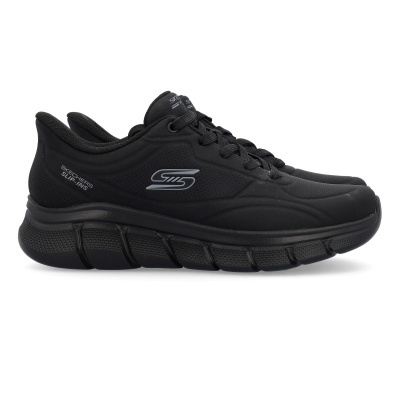 Sapatilhas pretas Skechers SLIP-INS com logótipos cinzentos e sola preta