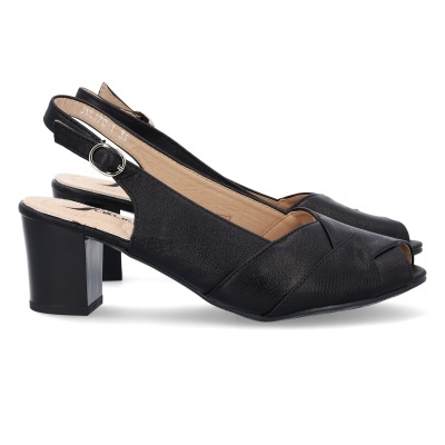 Sapatos de senhora pretos com salto médio quadrado e tira traseira ajustável