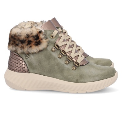 Botas de cano alto verdes e bege com pelo castanho e sola bege