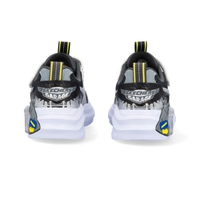 ténis Skechers Garage pretos e cinzentos vistos por trás com detalhes amarelos e azuis