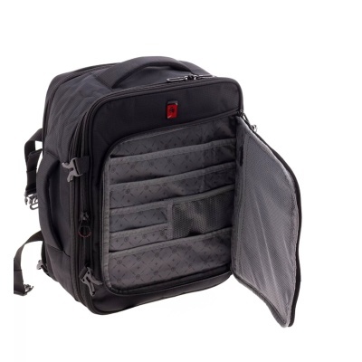 Mochila preta com vários compartimentos e interior cinzento com bolsos