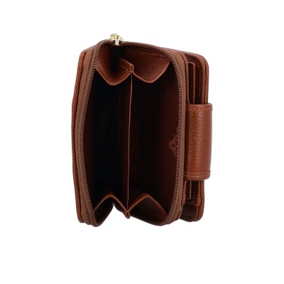 Carteira de couro castanho aberta, mostrando compartimentos e fecho de correr