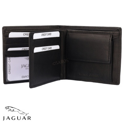 Carteira preta de couro com compartimentos para cartões