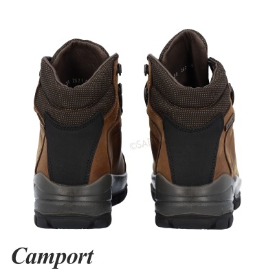 Par de botas castanhas robustas vista traseira.