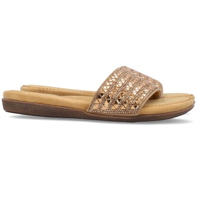 Sandália rasteira com tiras trançadas douradas e sola castanha