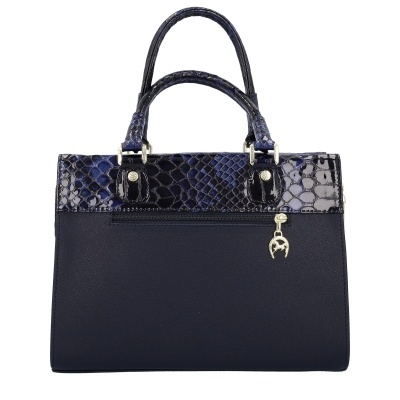 Mala de senhora azul escuro com padrão pele de cobra