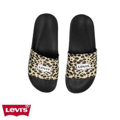 Chinelos pretos com tira animal print e etiqueta LEVI'S