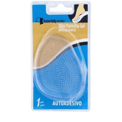 Mini Palmilha Gel transparente em embalagem azul e dourada com texto Kwarkpele, Mini Palmilha Gel, ANTIDESLIZANTES, 1 par, AUTOADESIVO