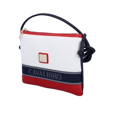 Mala de mão Cavalinho tricolor com alça azul e fecho dourado