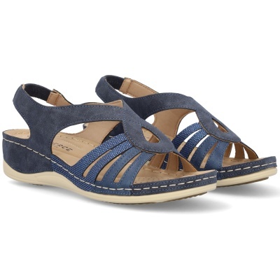 Sandálias femininas azul-escuro com tiras abertas e sola bege clara