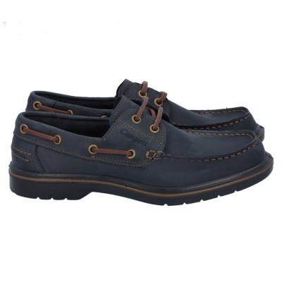 Sapatos mocassim Camport em couro azul-escuro com atacadores marrons