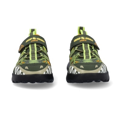 Sapatilhas infantis verdes com design de dinossauro e fecho com velcro