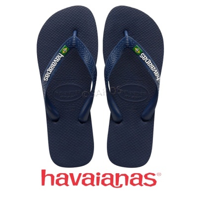 Chinelos Havaianas azul escuro com texto e bandeira do Brasil