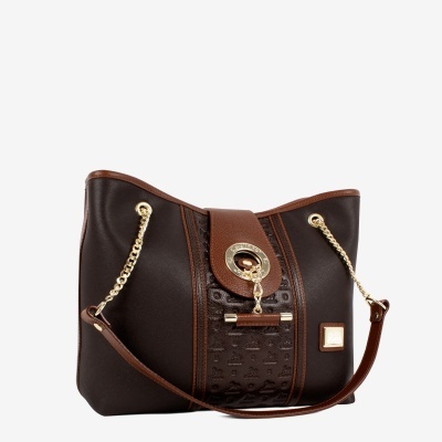 Bolsa de mão castanha com detalhes em couro e alças douradas