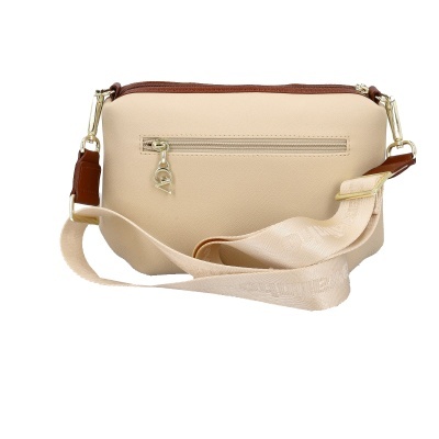 Mala pochete bege com fecho dourado e fita com padrão de texto