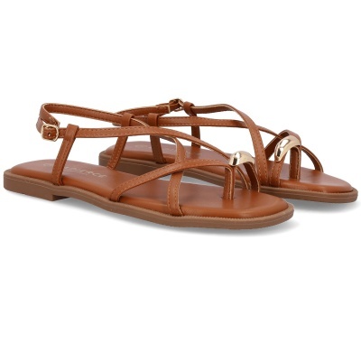 Sandálias femininas castanhas com tiras e detalhe dourado.