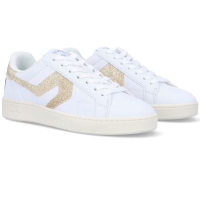 Sapatilhas brancas em pele com detalhes dourados glitter