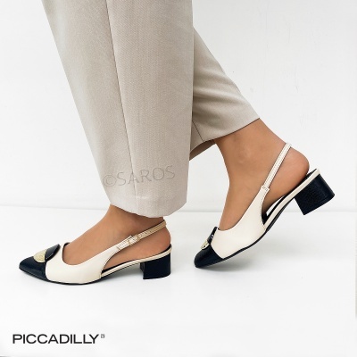 Sapatos slingback creme com preto e salto baixo