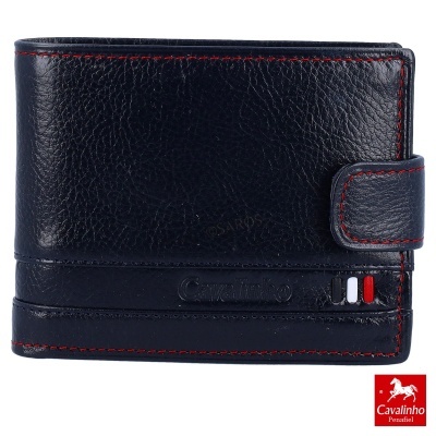 Carteira preta em pele com costuras vermelhas e detalhes coloridos