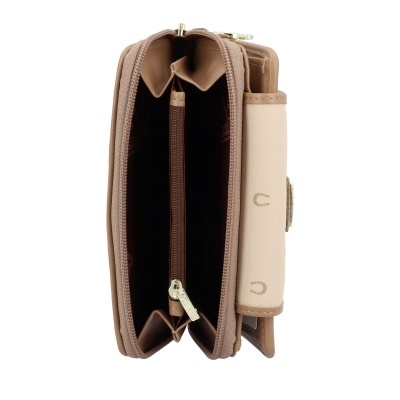 Carteira castanha e bege com fecho e divisórias interiores