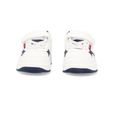 Sapatilhas infantis brancas com detalhes azul escuro