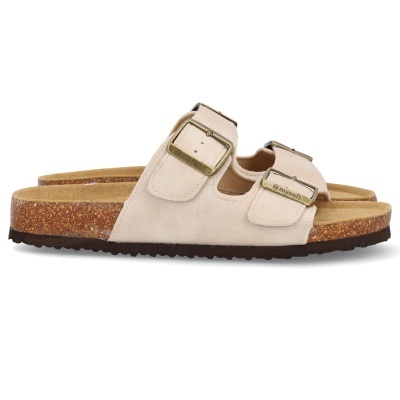 Sandálias tipo Birkenstock bege com fivelas douradas e sola de cortiça