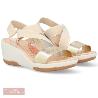 Sandálias de cunha bege e douradas Modare ultraconforto