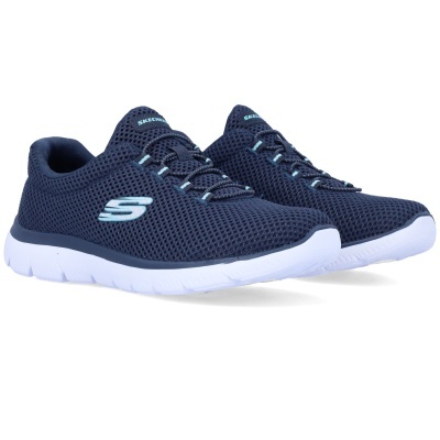 Sapatilhas Skechers azuis escuras com solado branco e detalhes em azul claro.