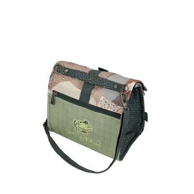 Bolsa quadrada de tecido com padrão colorido e fecho de correr