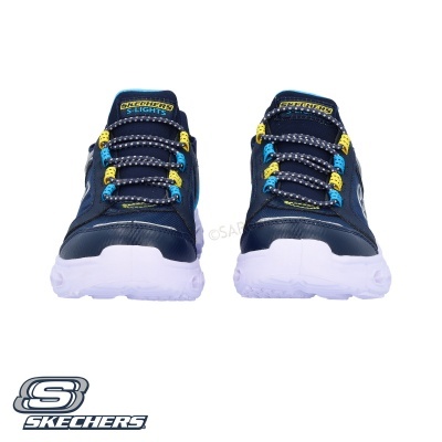 Sapatilhas Skechers azuis com atacadores coloridos e solado branco