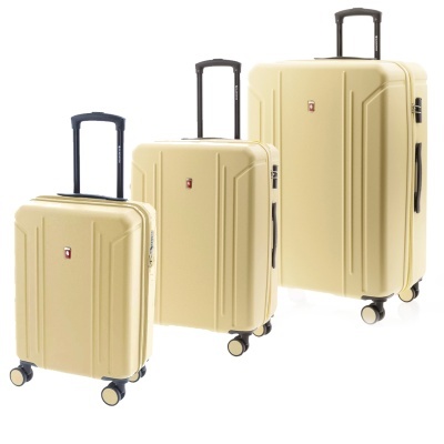 Três malas de viagem rígidas bege com rodízios e puxadores pretos