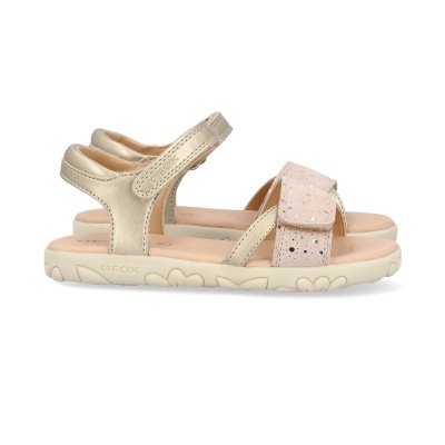 Sandálias infantis dourado claro e rosa Geox com sola creme e tiras ajustáveis