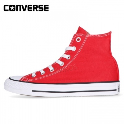Ténis Converse altos vermelhos com sola branca e atacadores brancos