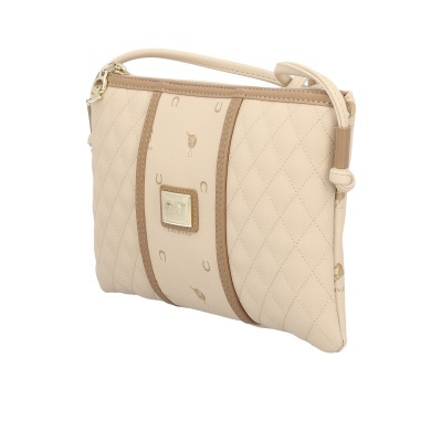 Mala de mão cremosa acolchoada com detalhes castanhos e placa metálica no centro