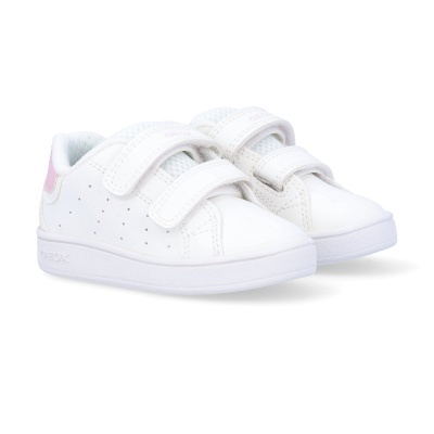 Sapatilhas brancas infantis com fechos de velcro e detalhes rosa