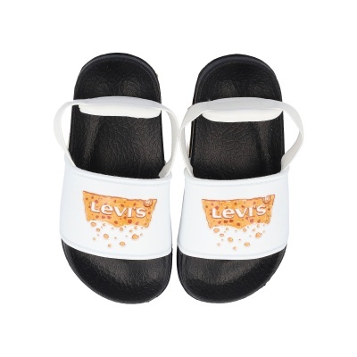 Chinelos pretos com tiras brancas e logo Levis amarelo