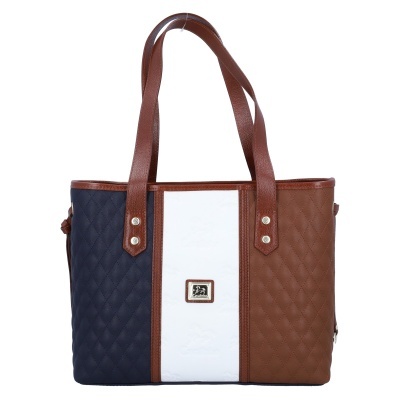 Mala de senhora tricolor em couro sintético com padrão matelassê e alças castanhas