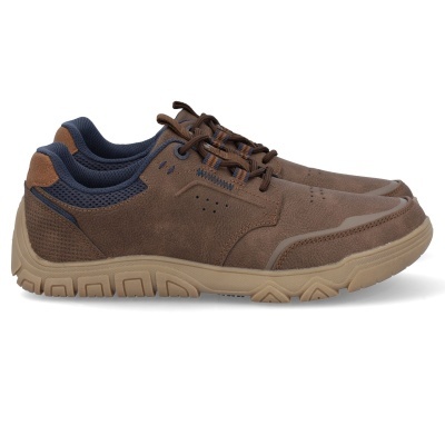 Sapatos masculinos castanhos com sola bege e detalhes azul escuro