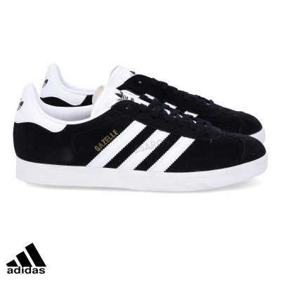Tênis Adidas Gazelle preto com riscas brancas e sola branca