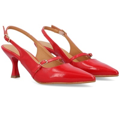 Sapatos de salto médio vermelhos com tira fina e parte traseira aberta