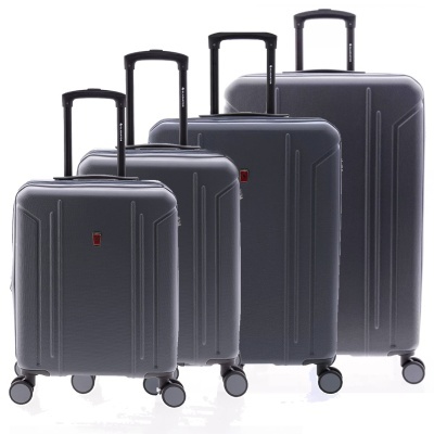 Conjunto de quatro malas rígidas cinza escuro com rodas e puxadores telescópicos