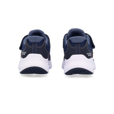 Sapatilhas azuis Skechers vista traseira com sola branca e texto SKECHERS SLIP-INS